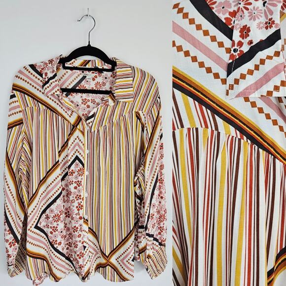 Cato Button Up Long Sleep Mixed Print Stripe Floral Hippie 70s Top Blouse XL - Picture 1 of 11